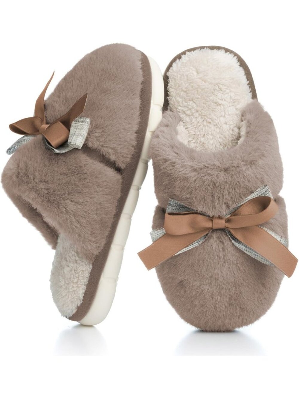 Women's Brown Memory Foam Fuzzy Plush Cozy Shoes With Bow Comfortable Slippers